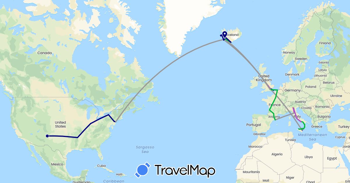 TravelMap itinerary: driving, bus, plane, train, hiking in Andorra, Belgium, Spain, France, United Kingdom, Iceland, Italy, United States (Europe, North America)